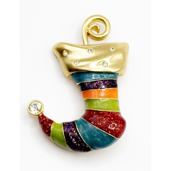 Anne Klein Striped Enamel‎ Rhinestone Pointed Toe Christmas Stocking Brooch Pin - Picture 1 of 2